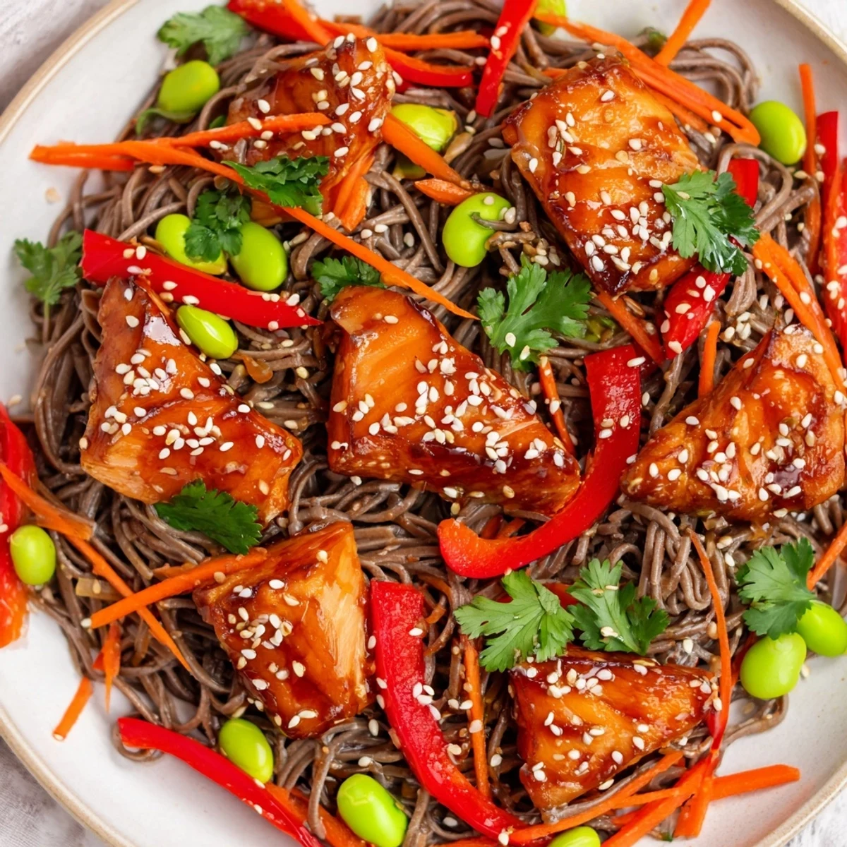 Fresh glazed Teriyaki Salmon Soba Noodle Salad with flaky salmon, crisp veggies, and toasted sesame seeds on a plate.