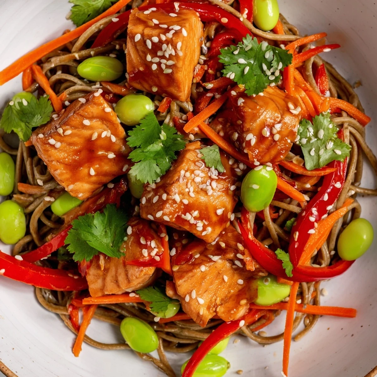 Savory Teriyaki Salmon Soba Noodle Salad featuring tender salmon over buckwheat noodles with colorful vegetables and tangy sesame dressing.