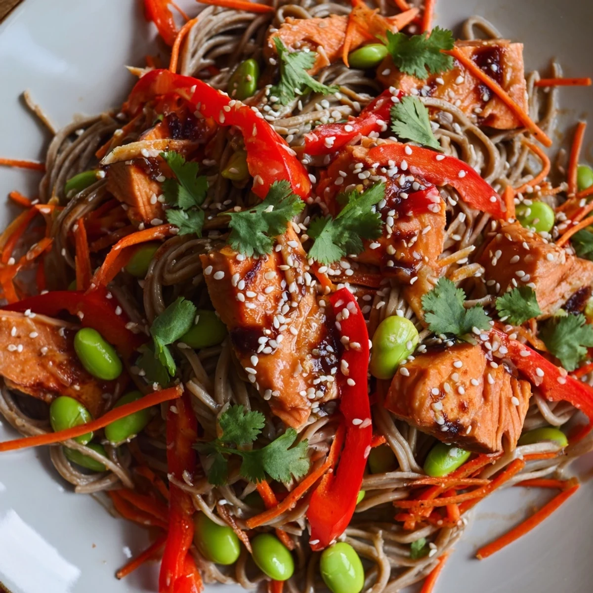 Vibrant Teriyaki Salmon Soba Noodle Salad topped with cilantro, edamame, and lime wedges ready for a healthy dinner.