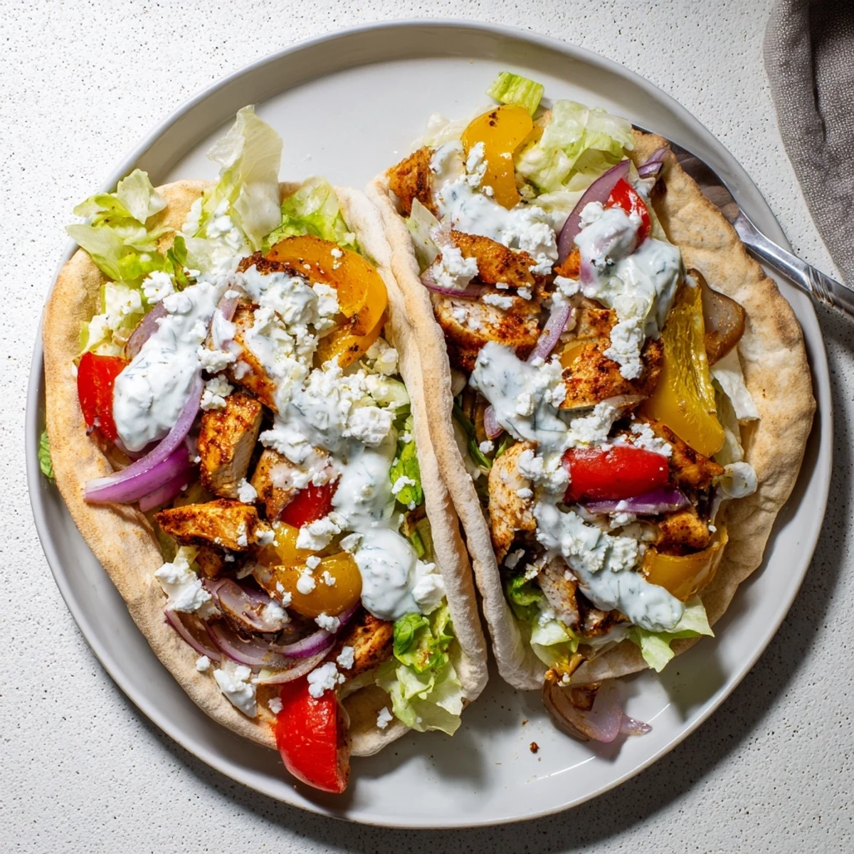Golden-brown roasted chicken and colorful veggies on a sheet pan for Sheet Pan Chicken Pitas with Herby Ranch. 