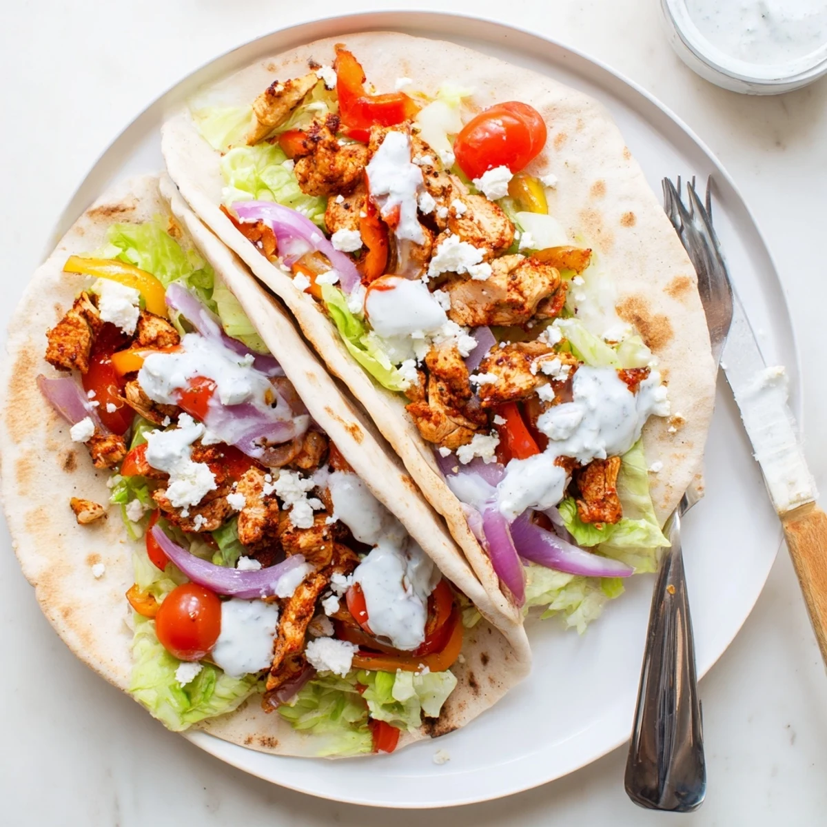 Warm pita bread stuffed with juicy chicken, crisp vegetables, and creamy herby ranch sauce for dinner. 