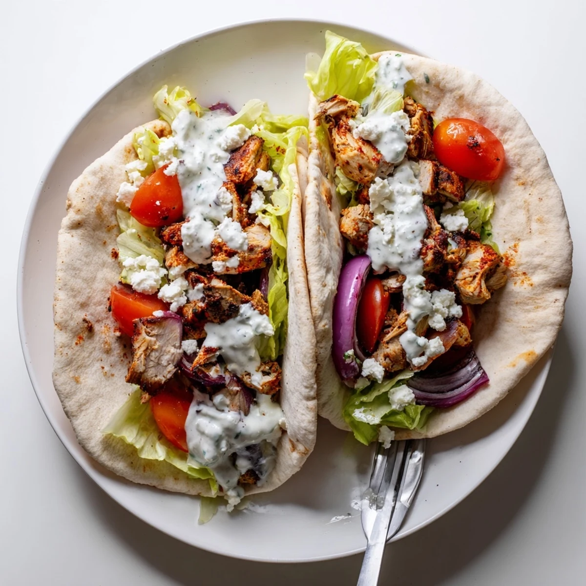 Family-friendly Sheet Pan Chicken Pitas with Herby Ranch served with lettuce and crumbled feta.