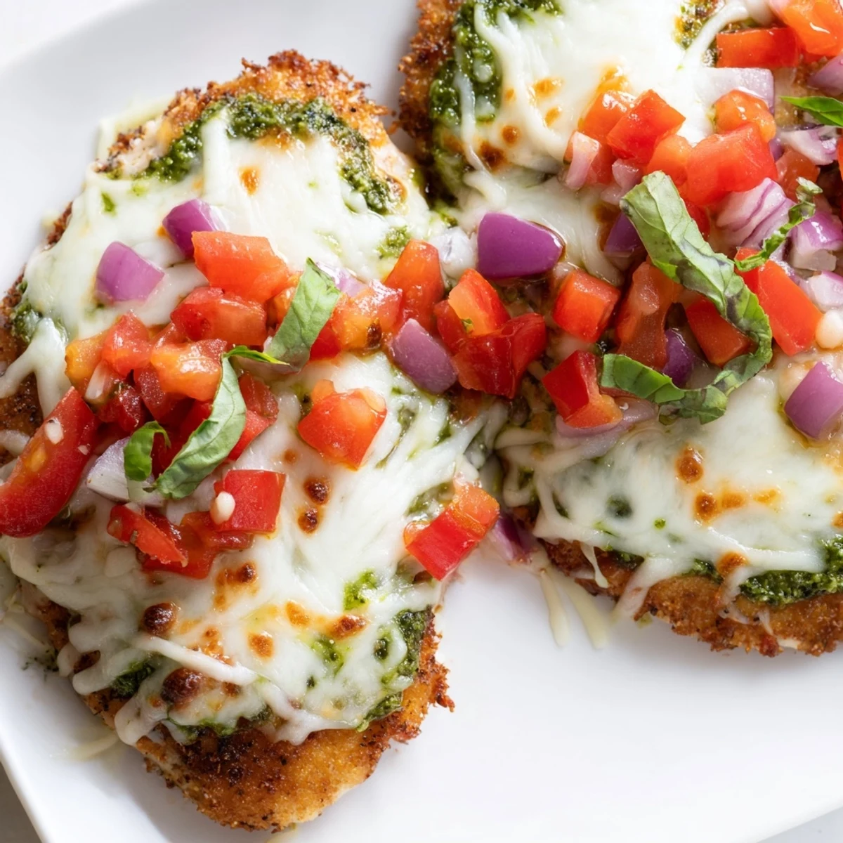 Tender Pesto Bruschetta Chicken rests on a white plate with bright basil garnish.