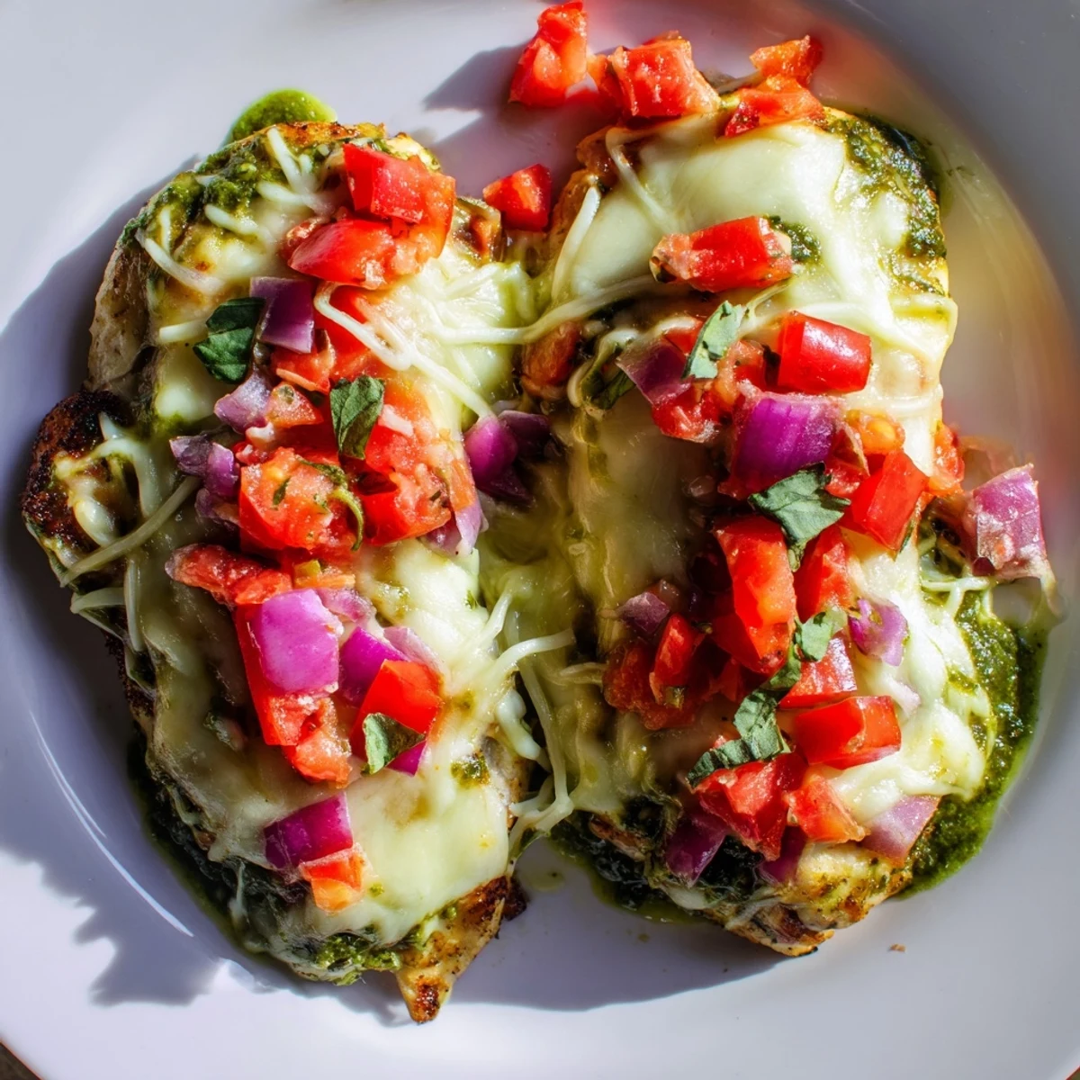 Juicy Pesto Bruschetta Chicken features bubbling mozzarella and vibrant bruschetta for a family-style Italian dinner.