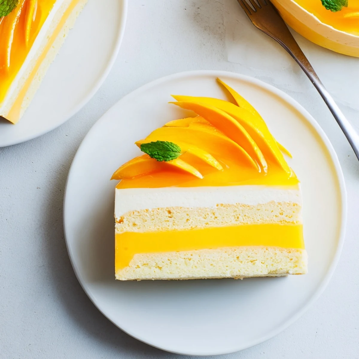 Freshly sliced Mango Mousse Cake reveals a fluffy mousse layer and tender sponge base on a marble counter.  