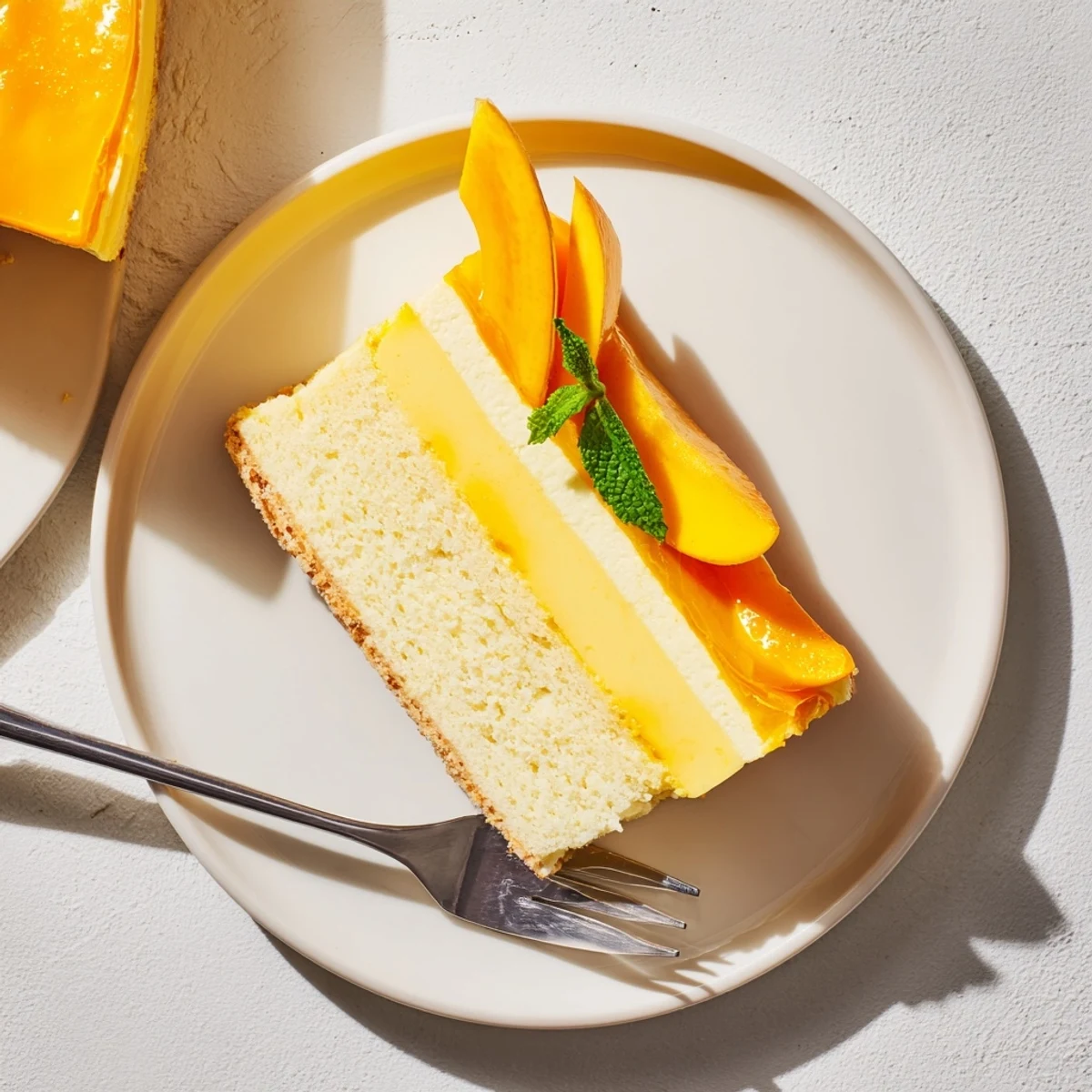 Glossy mango glaze and fresh fruit slices top this chilled Mango Mousse Cake, perfect for summer.  