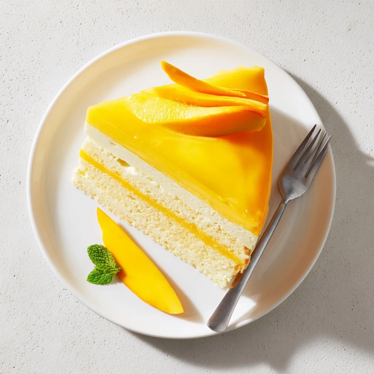 Overhead view of Mango Mousse Cake with sponge layers and mango slices, served on a white plate.