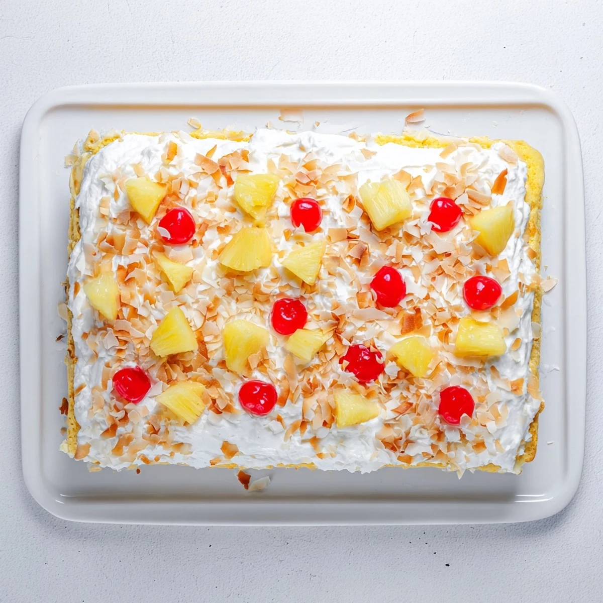 A slice of Hawaiian Poke Cake shows fluffy crumb soaked in coconut milk and pineapple filling.