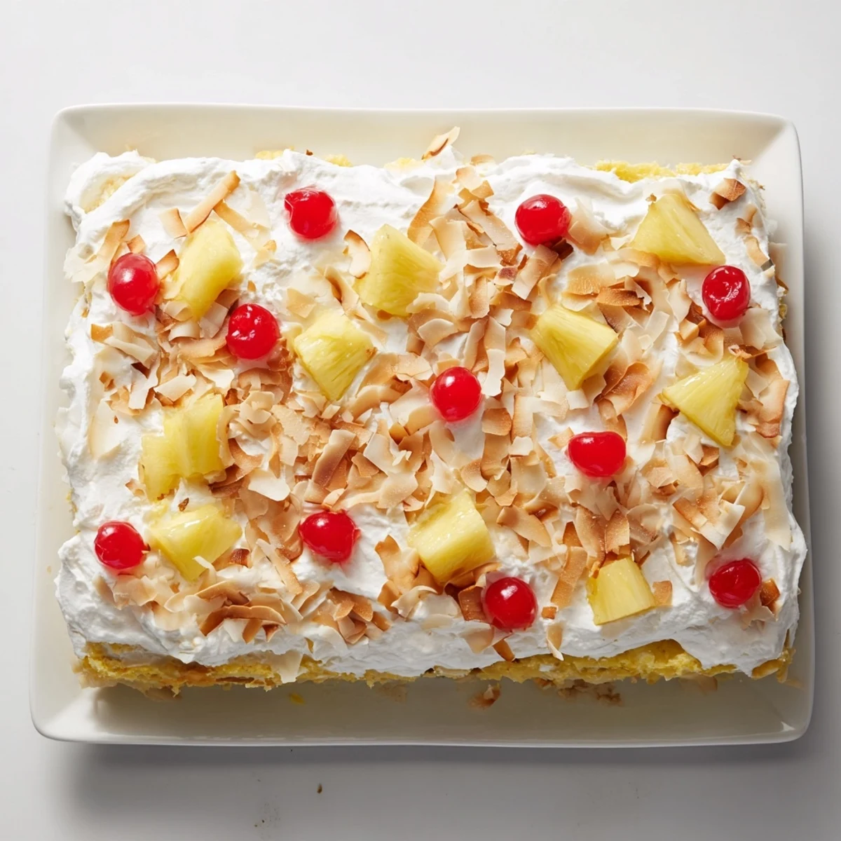 Toasted coconut flakes crown the creamy whipped topping, with fresh pineapple chunks for garnish.