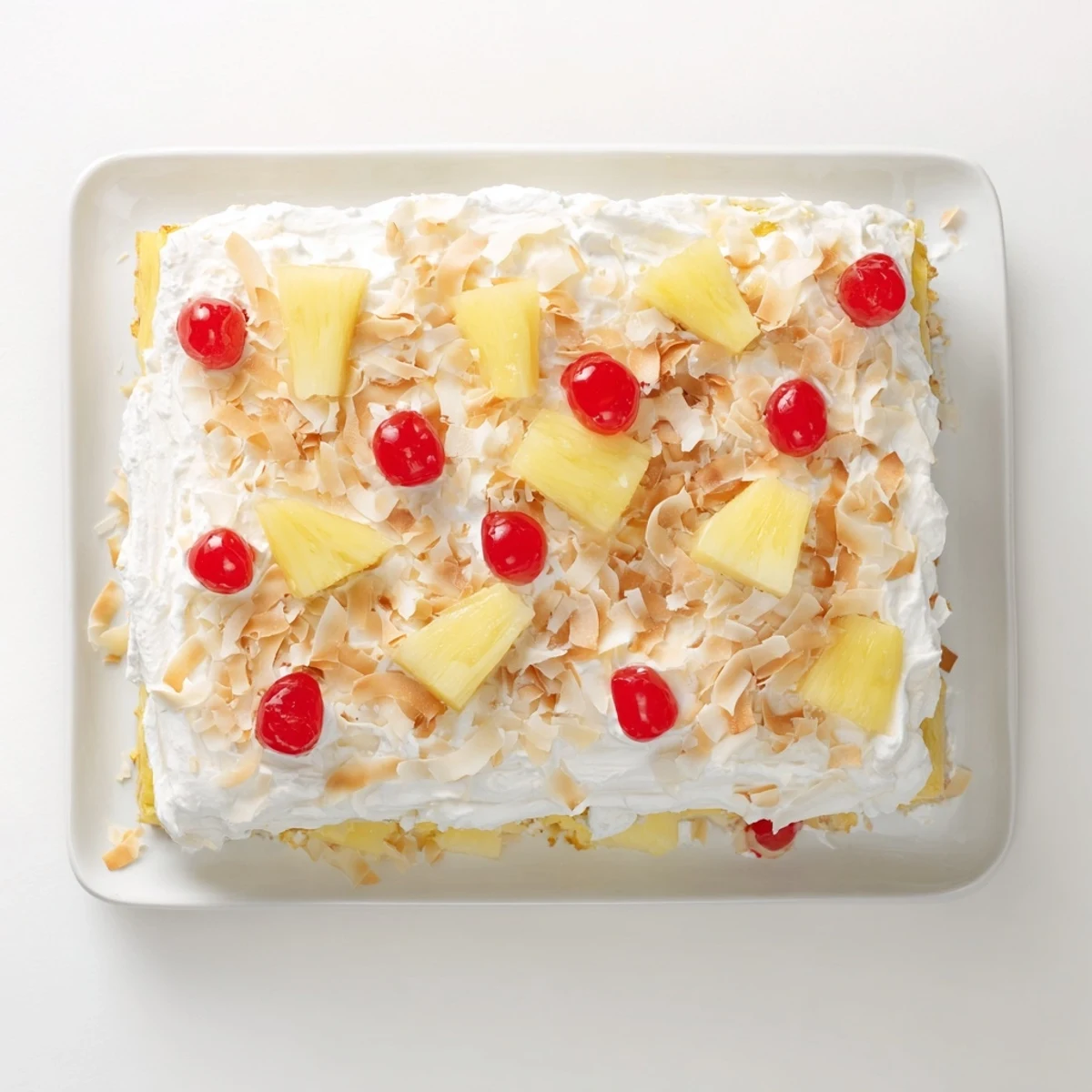 Chilled Hawaiian Poke Cake is served on a white plate, a perfect tropical dessert treat.