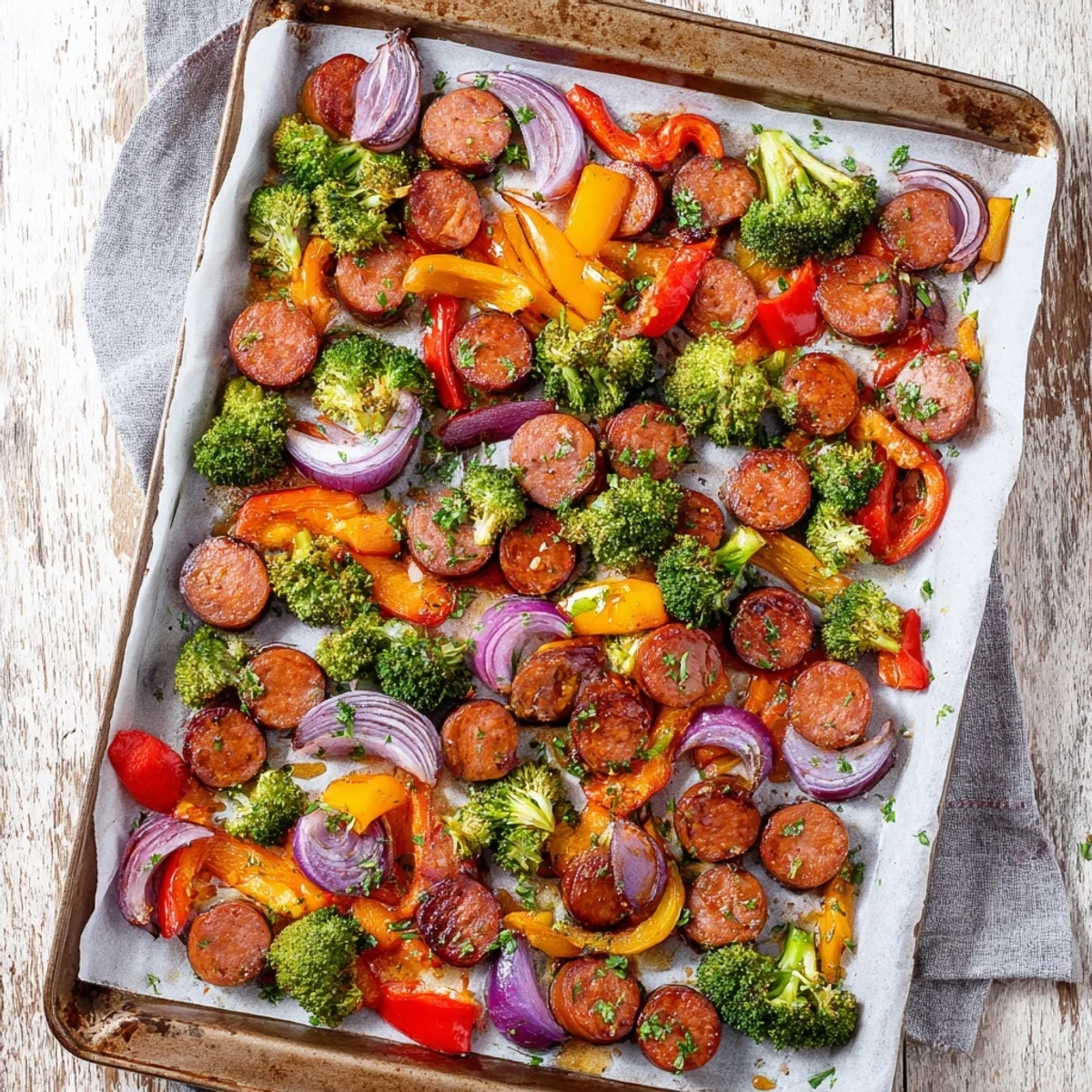Golden roasted One Pan Honey Garlic Kielbasa & Veggies with caramelized edges on a sheet pan.
