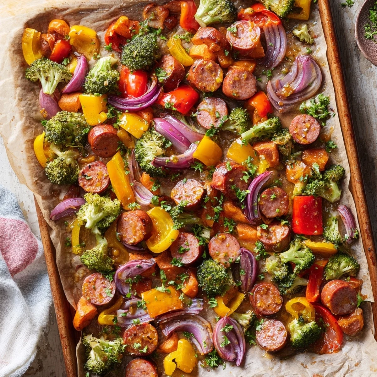 Colorful broccoli, peppers, and carrots in One Pan Honey Garlic Kielbasa & Veggies glistening with glaze.