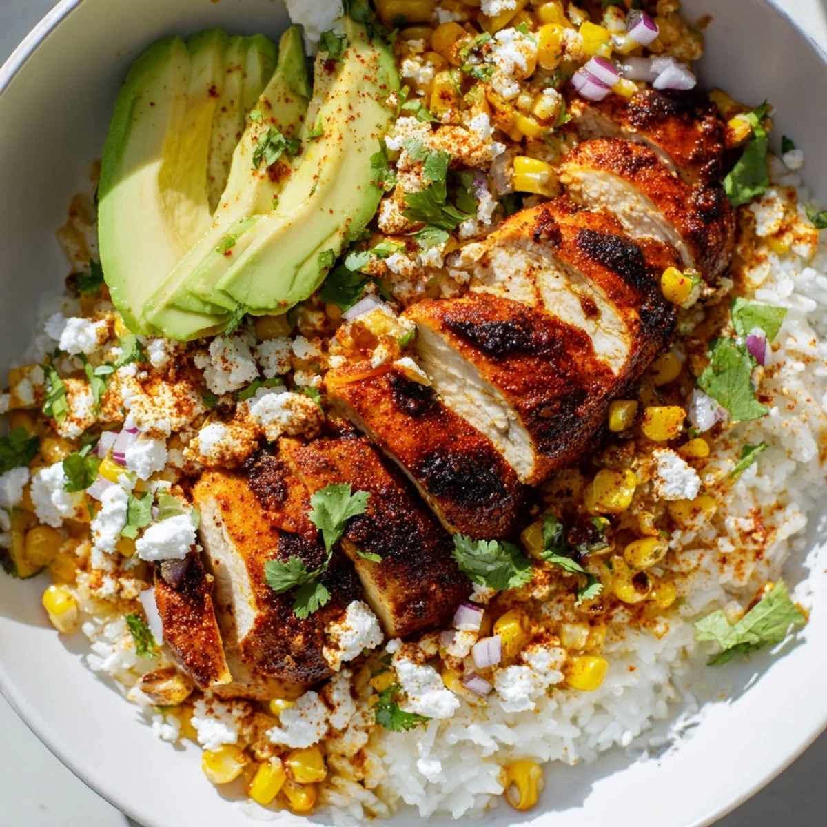 Close-up of Street Corn Chicken Rice Bowl featuring fluffy rice and zesty lime wedges.