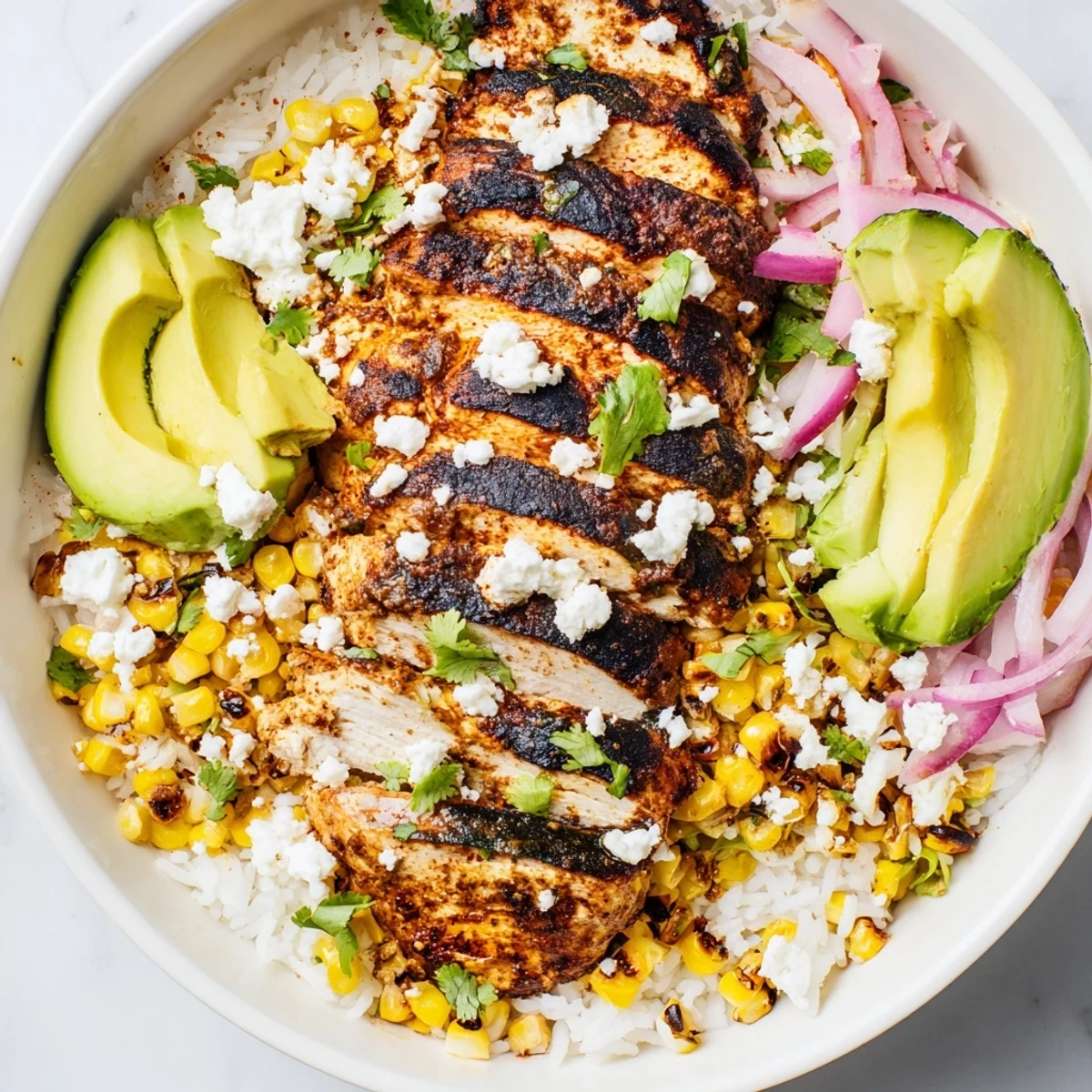 Vibrant Street Corn Chicken Rice Bowl with grilled chicken, charred corn, avocado, and cilantro garnish.