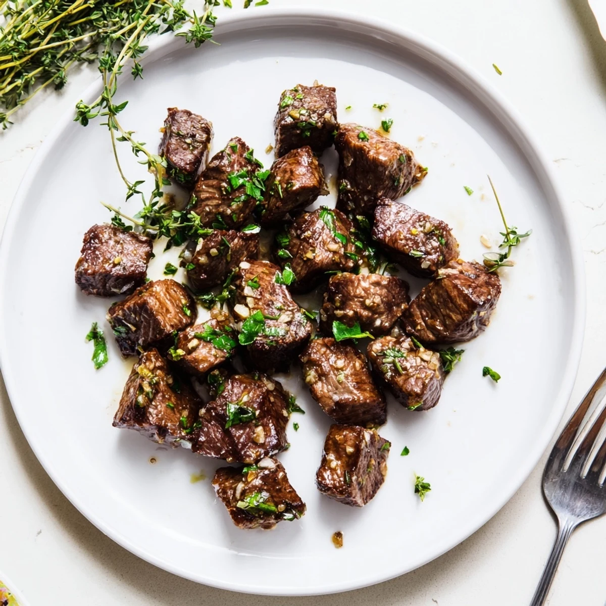 Juicy Garlic Butter Steak Bites served over creamy mashed potatoes with fresh thyme and crusty bread nearby.