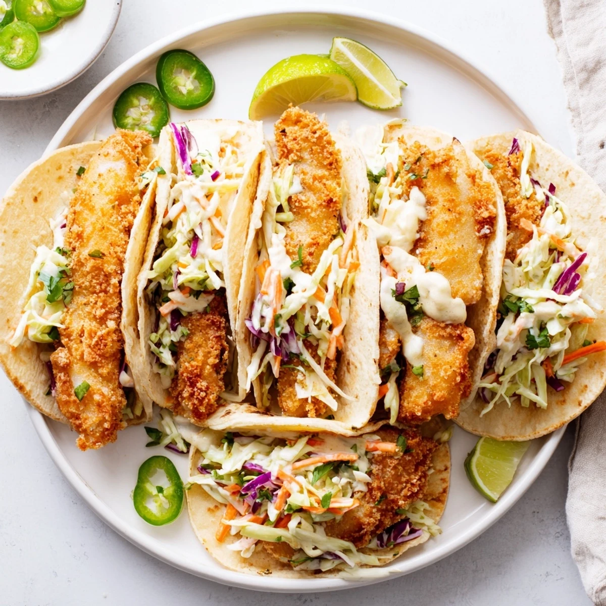 Crispy Fish Tacos With Cilantro Lime Slaw served warm with golden fried fish and vibrant purple and green slaw.