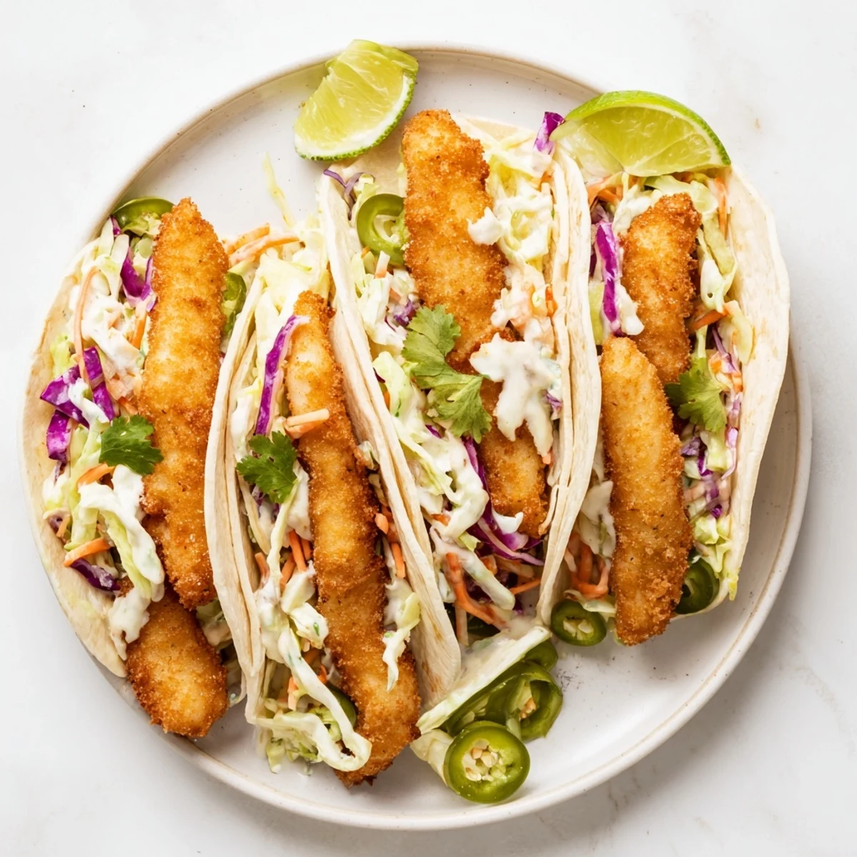 Freshly fried Crispy Fish Tacos With Cilantro Lime Slaw topped with jalapeños and lime wedges on a rustic plate.