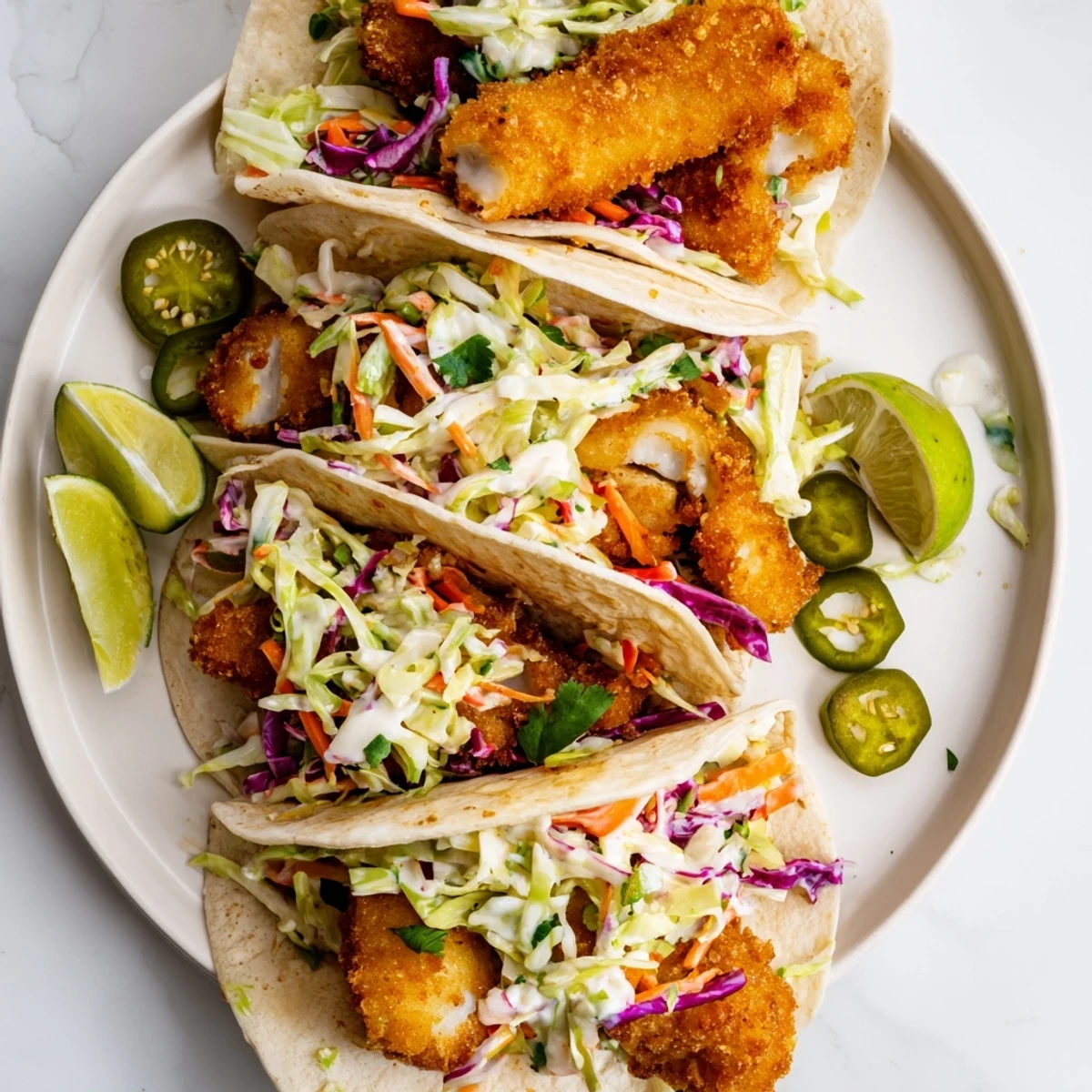 Plate of Crispy Fish Tacos With Cilantro Lime Slaw featuring crunchy corn tortillas and creamy dressing for a zesty bite.