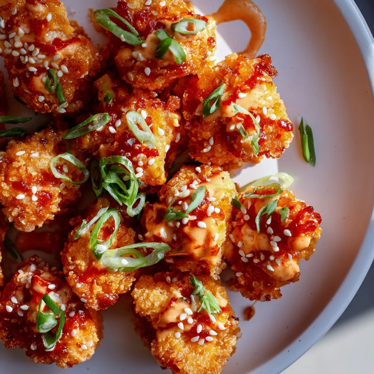 Golden, crispy Bang Bang Salmon Bites arranged on a platter with fresh chives and sesame seeds, drizzled with creamy spicy sauce.
