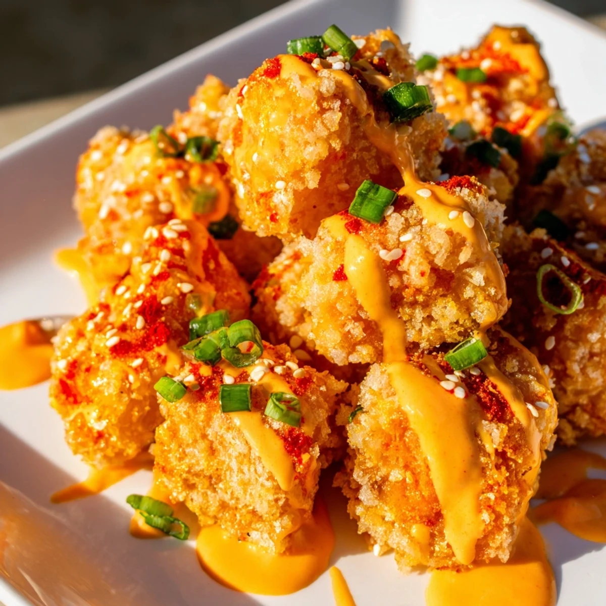 Plated Bang Bang Salmon Bites nestled in crisp lettuce cups, garnished with green onions for a fresh, appetizing bite.