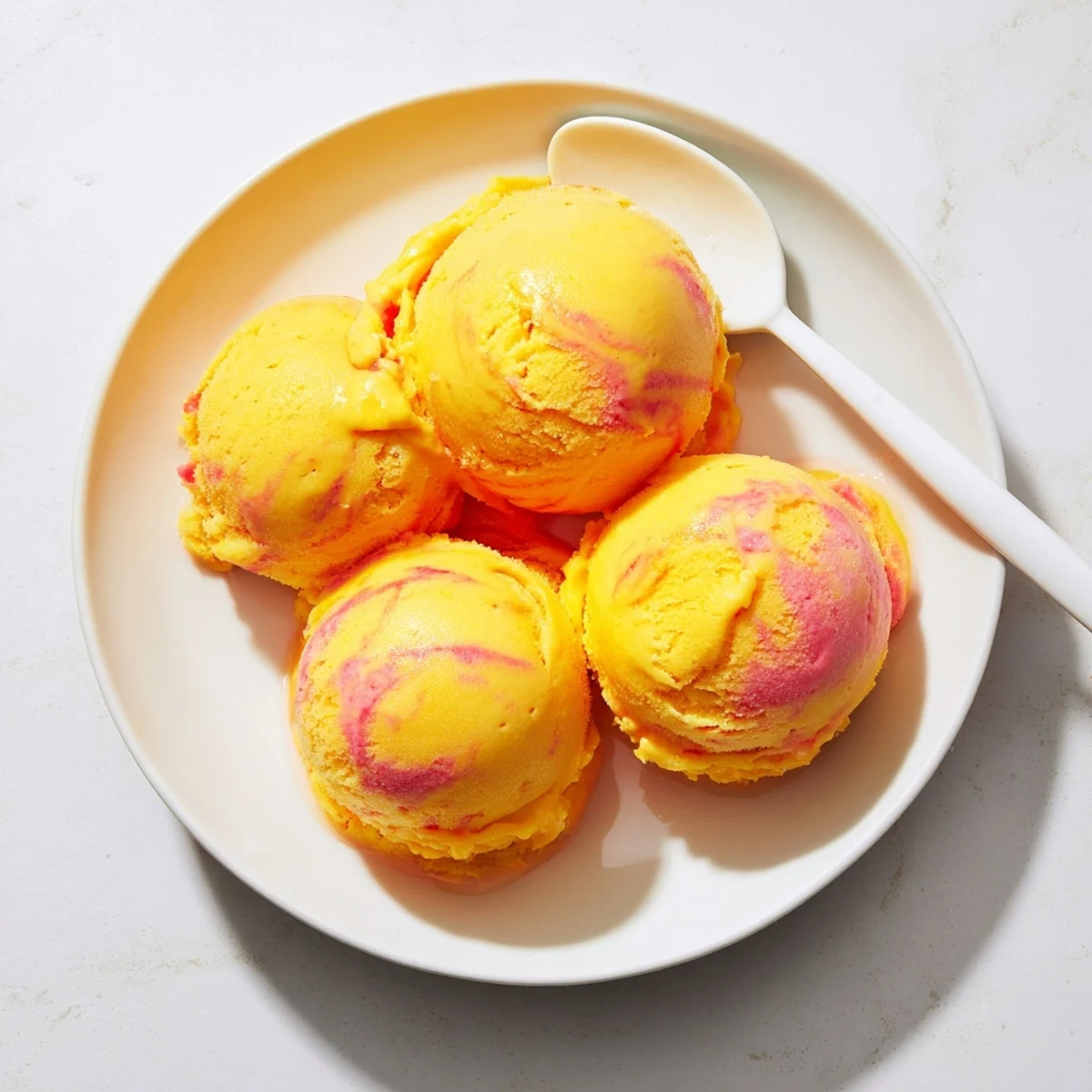 A close-up of Mango Strawberry Sorbet with vibrant pink swirls and a drizzle of lime juice on top.