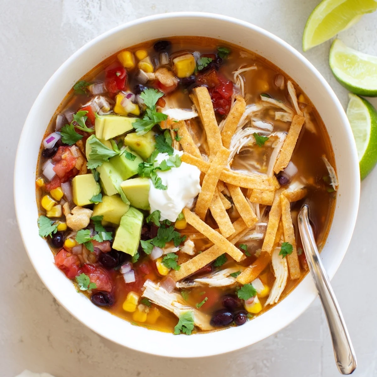 Golden bowl of Classic Chicken Tortilla Soup topped with crispy tortilla strips and fresh cilantro