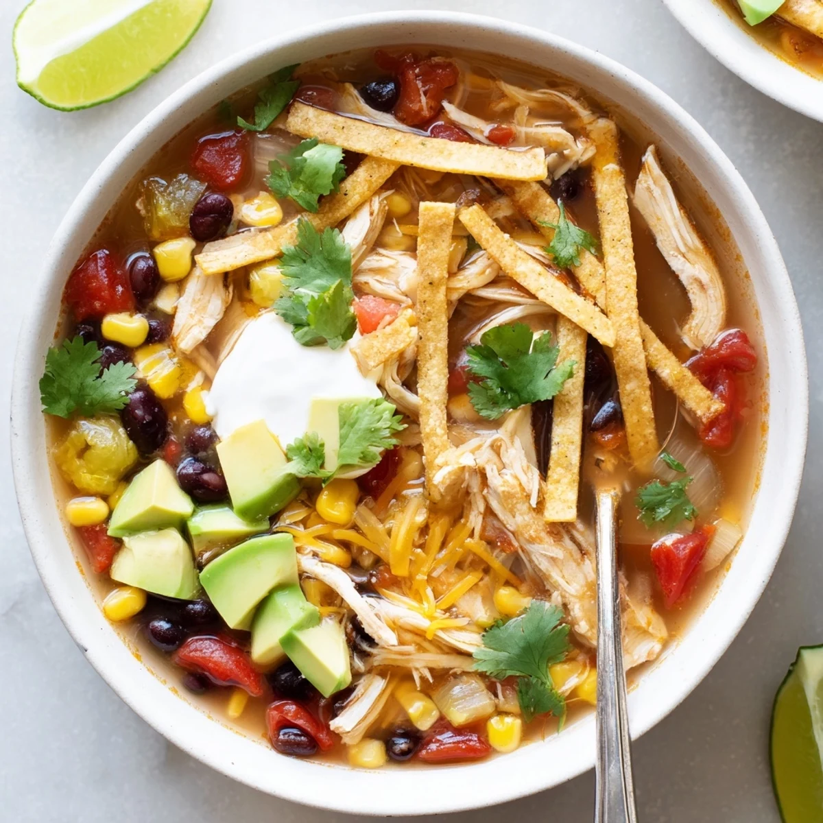 Hearty Classic Chicken Tortilla Soup featuring tender chicken, black beans, and vibrant red bell pepper chunks