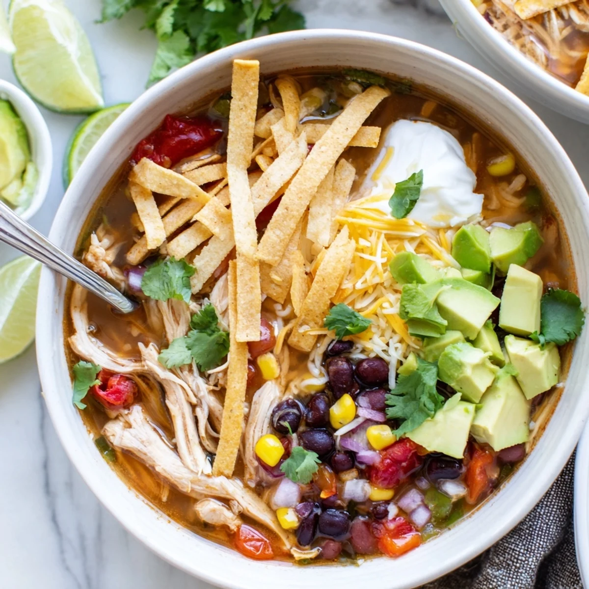Steaming Classic Chicken Tortilla Soup garnished with creamy avocado, shredded cheese, and lime wedges