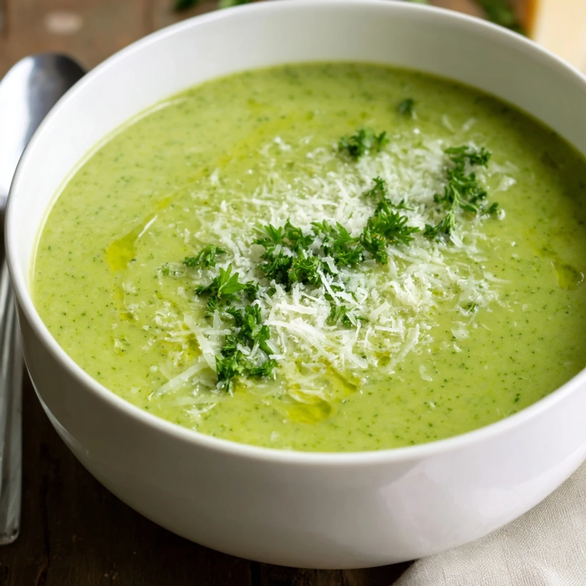 Creamy homemade Italian broccoli soup garnished with grated Parmesan and fresh herbs in a white bowl