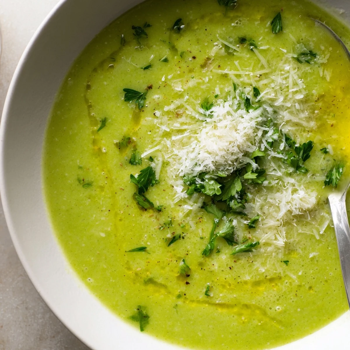 Velvety smooth homemade Italian broccoli soup with crusty bread on a rustic wooden table