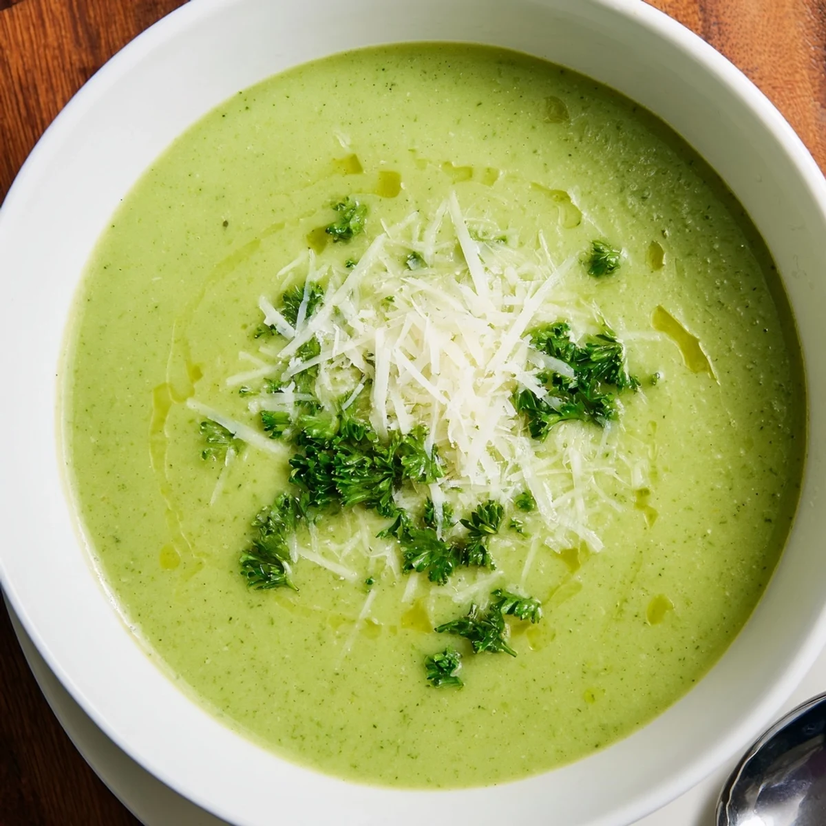 Steaming hot bowl of homemade Italian broccoli soup drizzled with olive oil and cracked black pepper