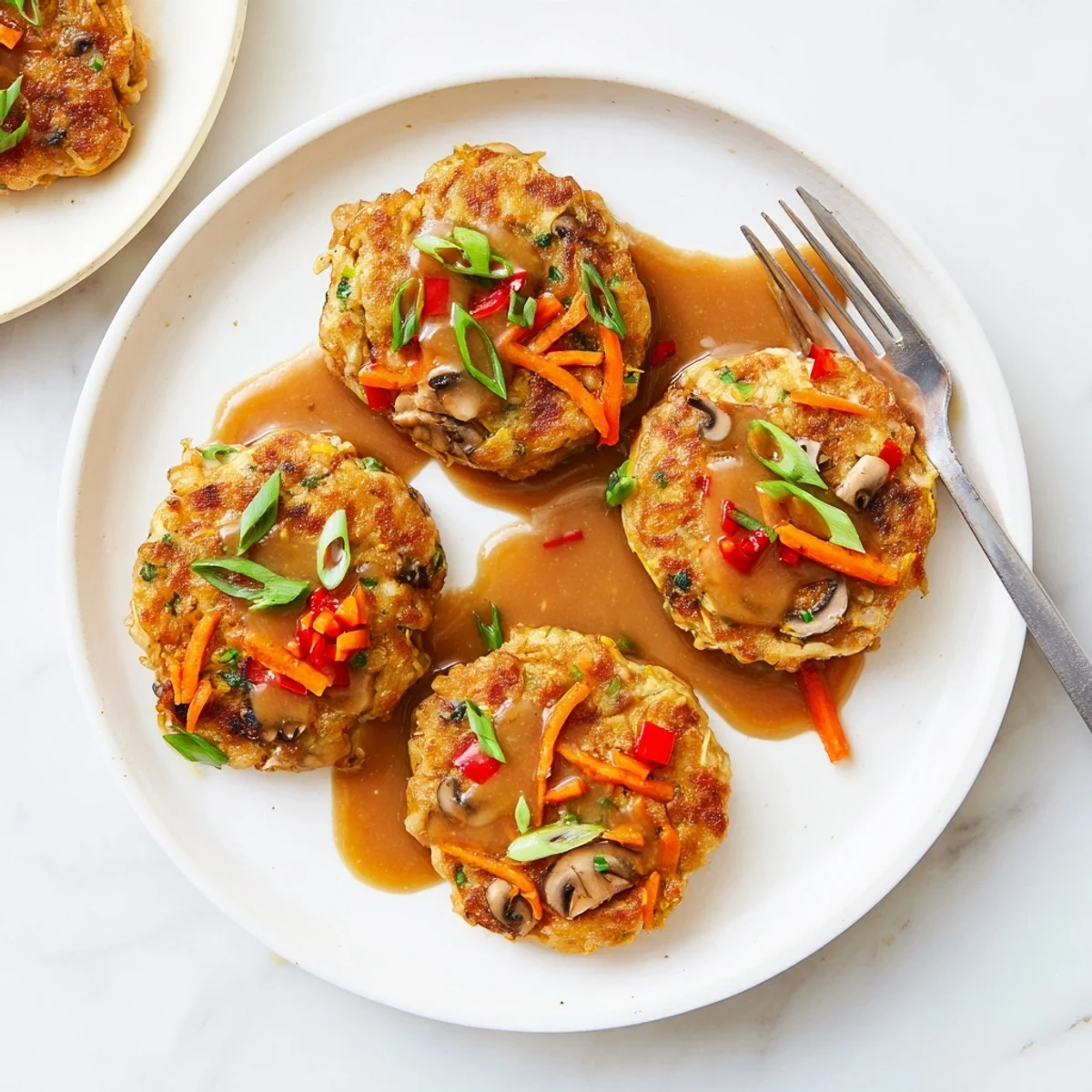 Golden crispy Egg Foo Young patties topped with rich brown gravy on white plate