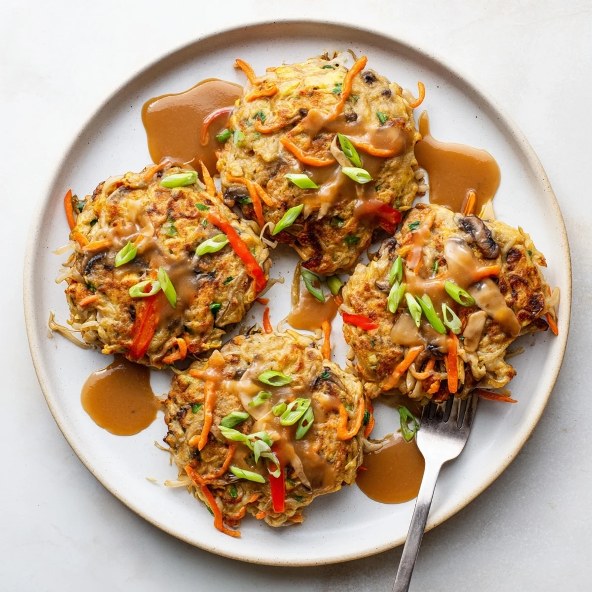 Fluffy vegetable-packed Egg Foo Young omelet fried until edges are golden and crunchy