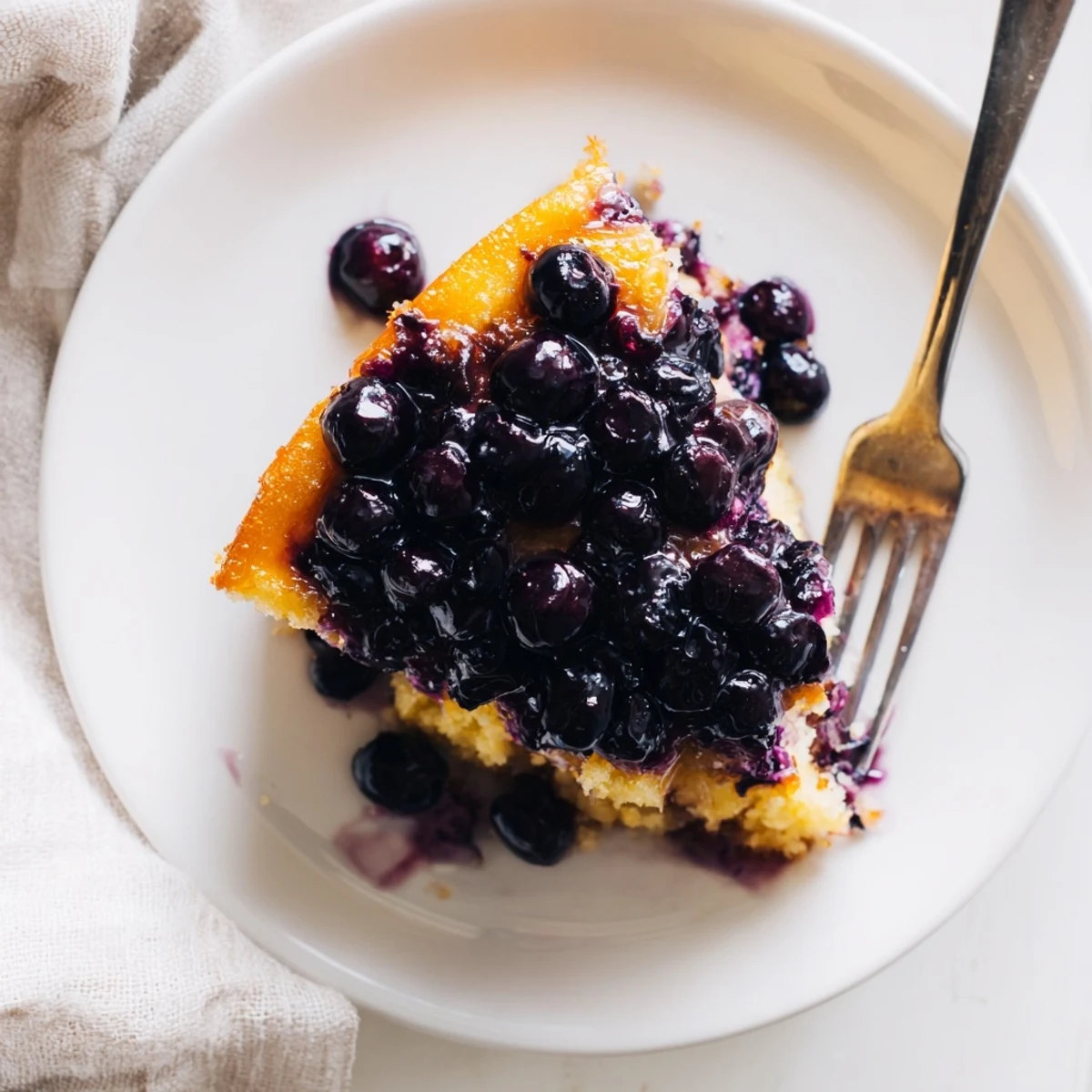 Golden blueberry upside down cake with caramelized fruit topping on a white serving plate