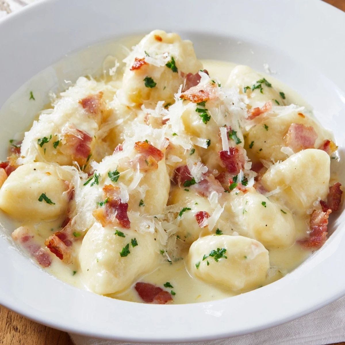 Gnocchi Carbonara with bacon and Parmesan coated in rich creamy sauce