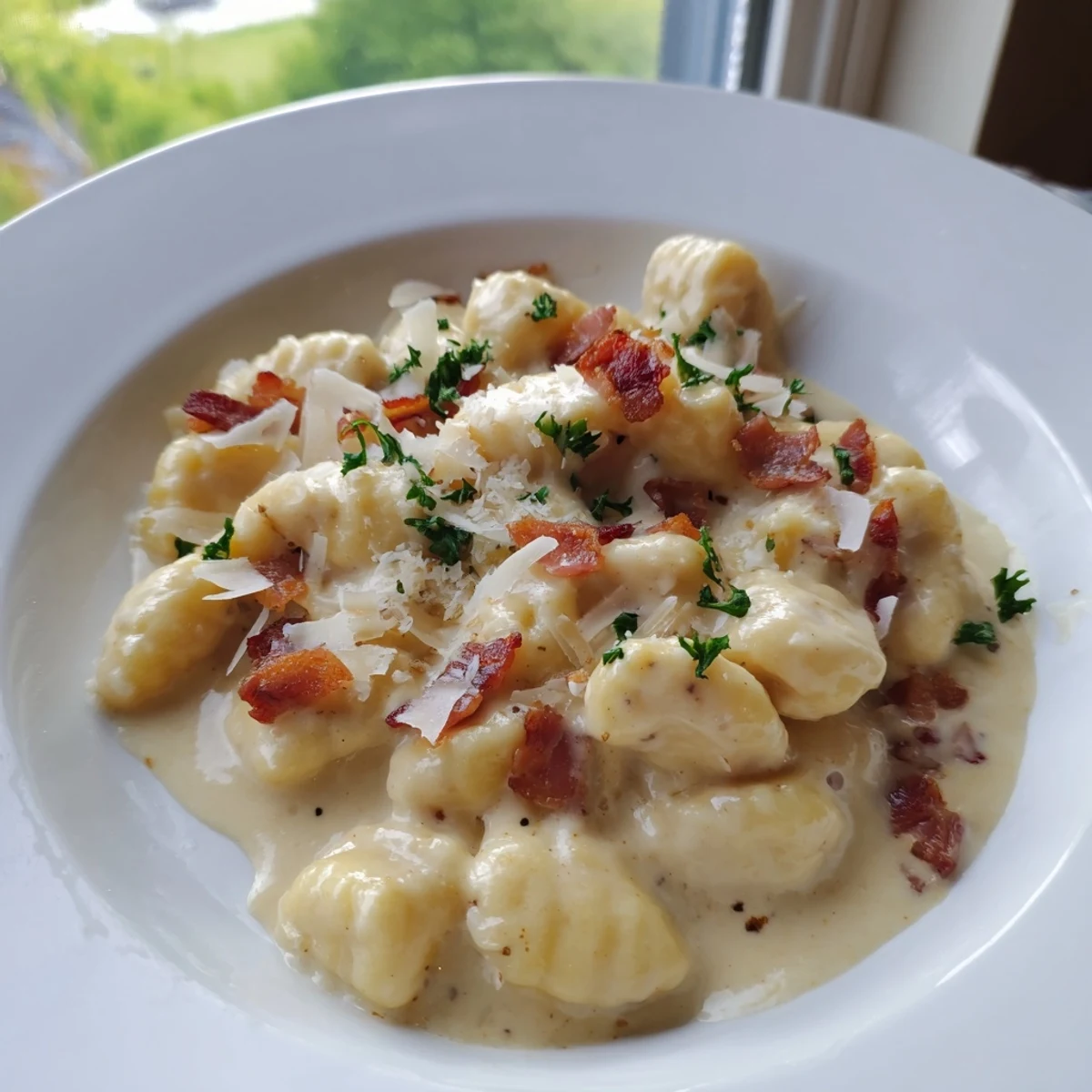 Golden Parmesan garnished Gnocchi Carbonara served with crispy bacon and creamy egg sauce