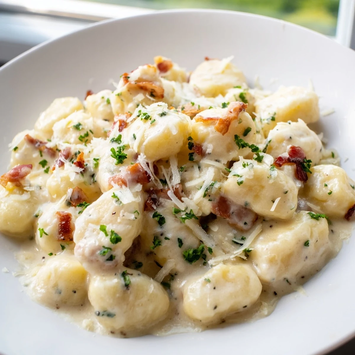Crispy bacon and pillowy potato gnocchi tossed in silky carbonara sauce with Parmesan
