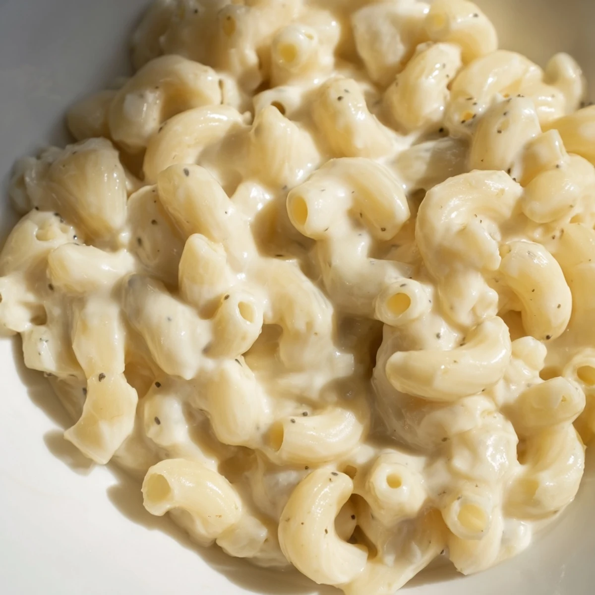 Close up of cheesy Boursin mac and cheese with fresh parsley garnish on a fork
