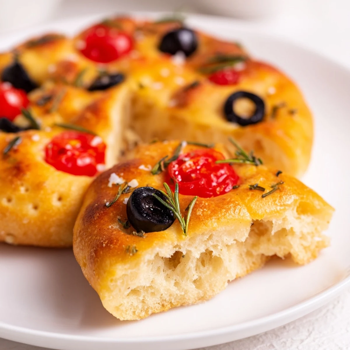 Golden brown mini focaccia topped with fresh rosemary and flaky sea salt on a wooden board