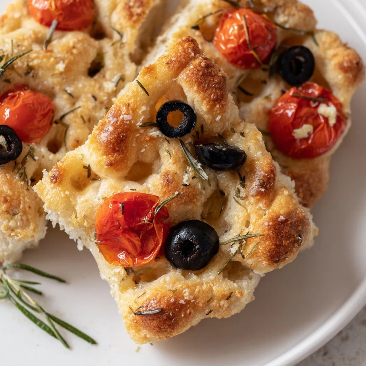 Crispy Italian mini focaccia bread with cherry tomatoes and olives, freshly baked to golden perfection