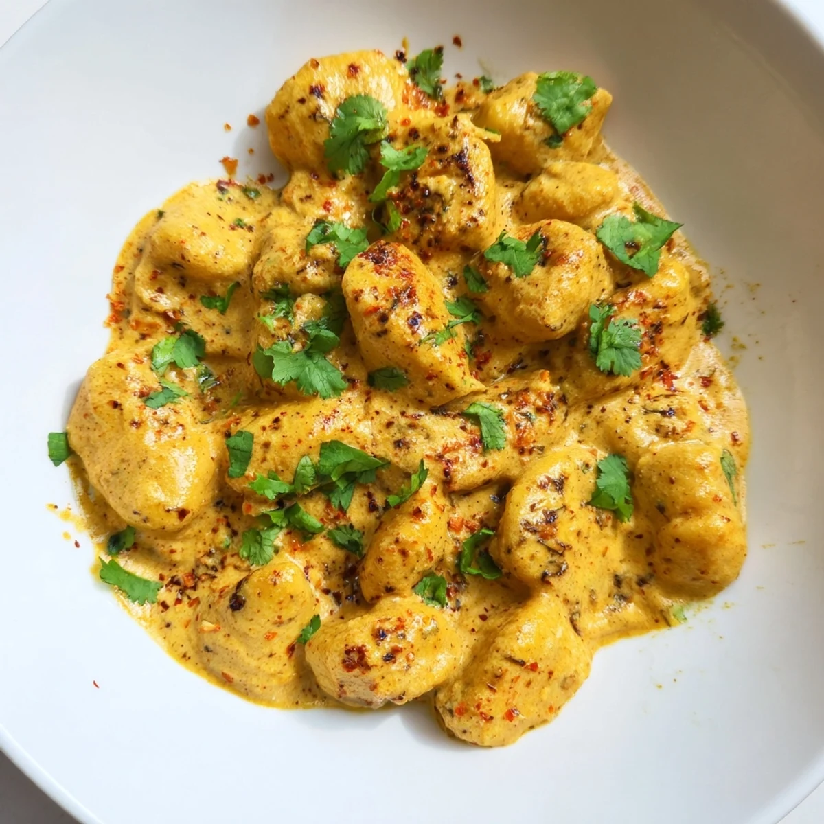 Creamy tikka masala gnocchi plated with golden potato dumplings coated in spiced orange-red sauce