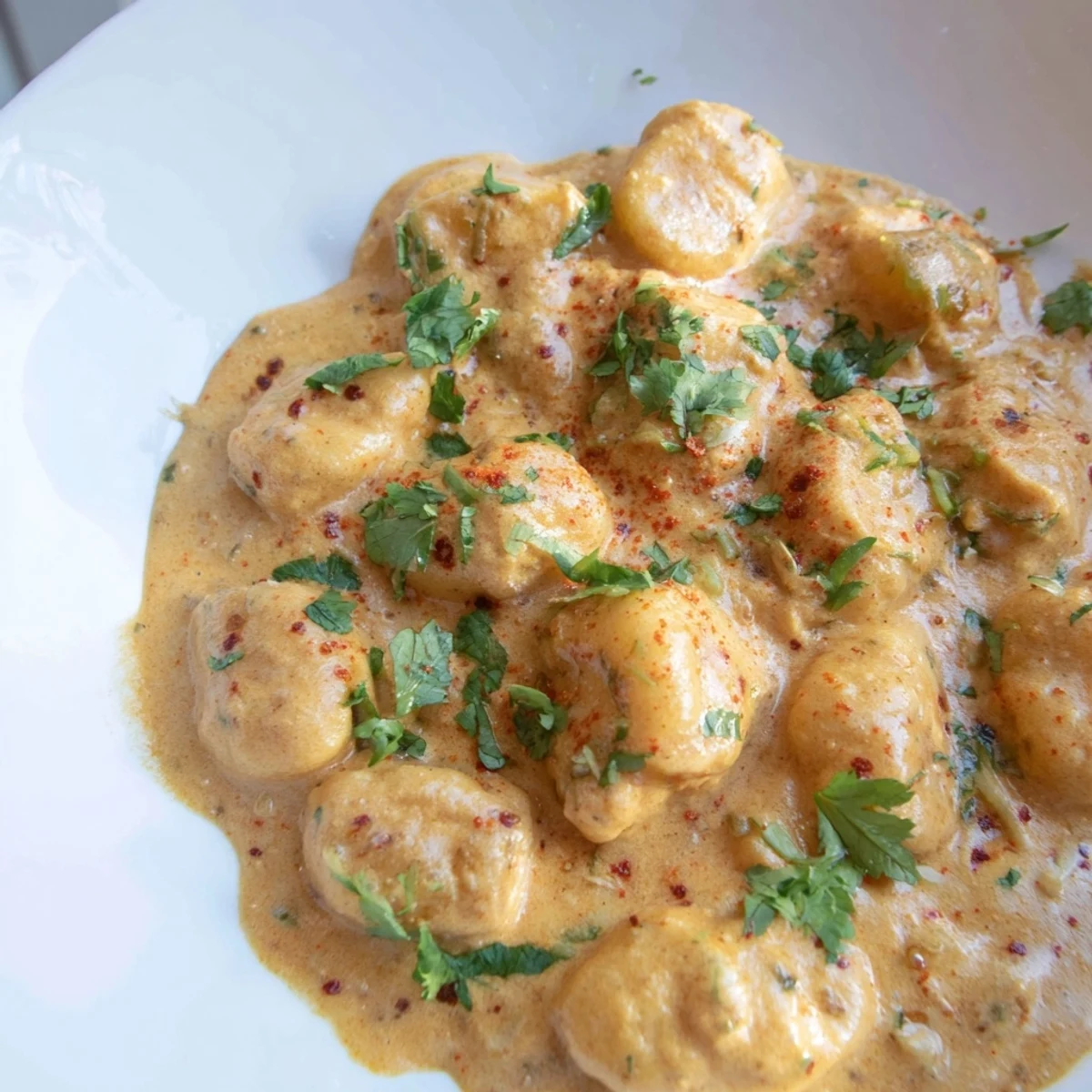 Fusion tikka masala gnocchi dish garnished with fresh cilantro over steamy Indian-Italian spiced cream sauce