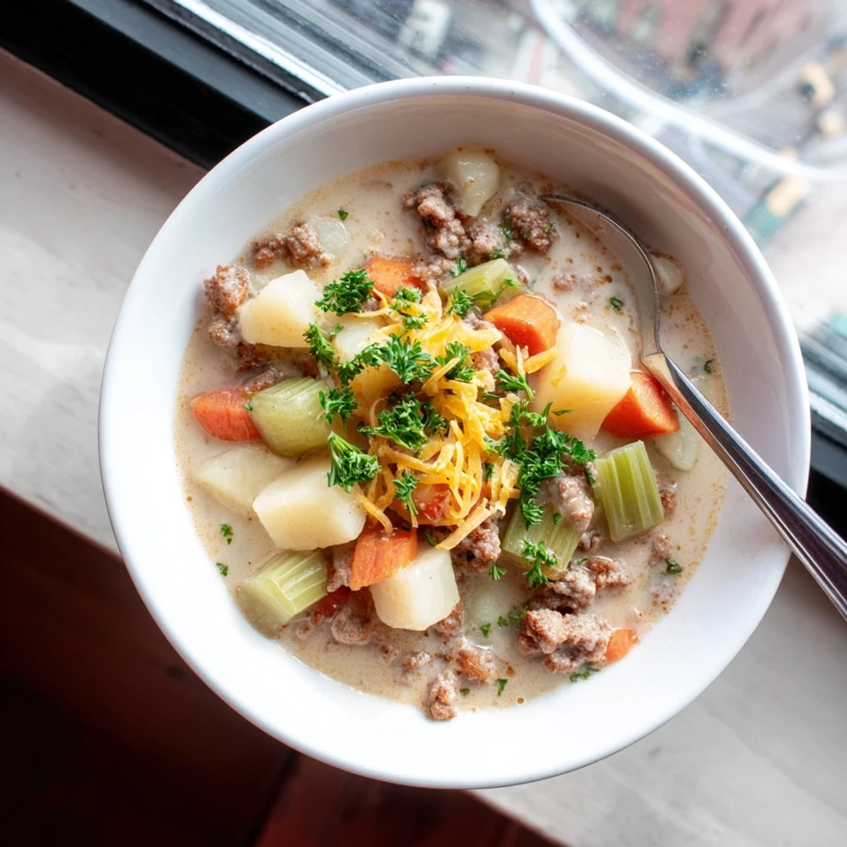 Bowl of hearty simple pork sausage potato soup with tender vegetables and broth