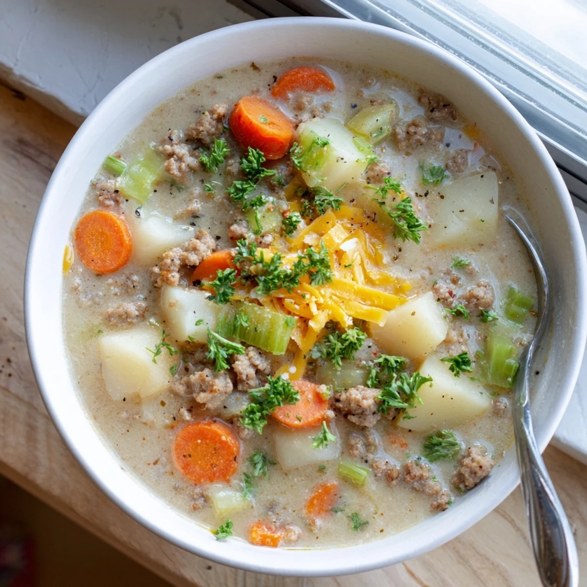 Steaming simple pork sausage potato soup garnished with chopped parsley and crusty bread