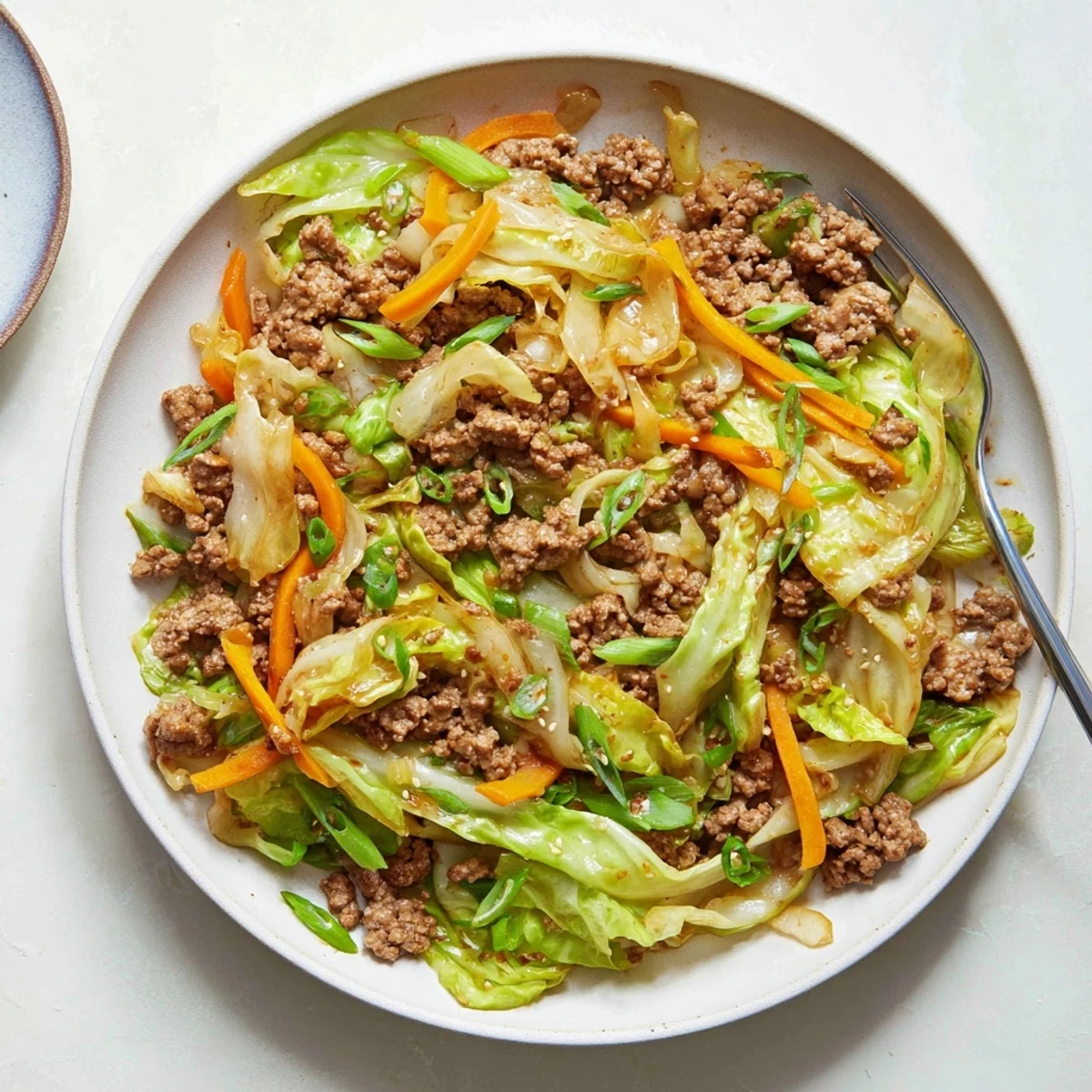 Savory ground beef and cabbage stir fry plated with carrots, ginger, and aromatic Asian-inspired seasonings for a hearty weeknight dinner