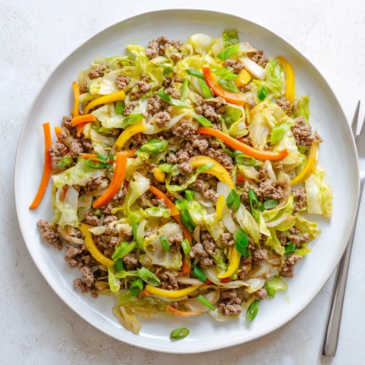Tender ground beef and cabbage stir fry sizzling in a wok with colorful vegetables and soy-based glaze shining under kitchen lights