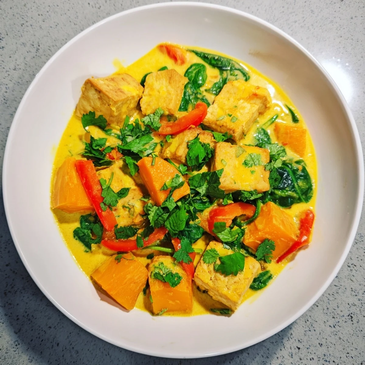Golden tofu cubes and tender pumpkin swim in aromatic coconut curry broth