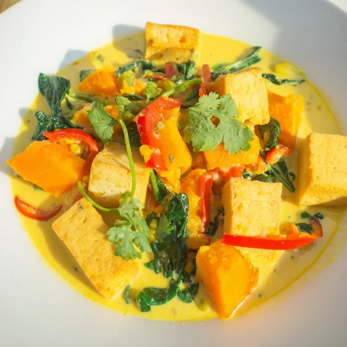 Vibrant orange pumpkin and golden tofu in spiced coconut curry bowl