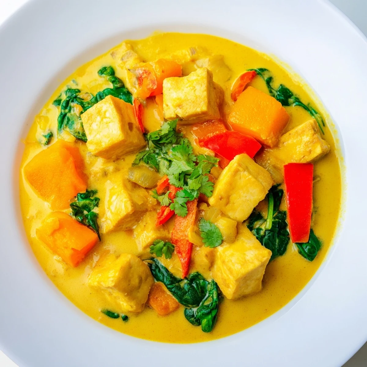 Creamy vegetarian pumpkin tofu curry served with fresh cilantro and lime