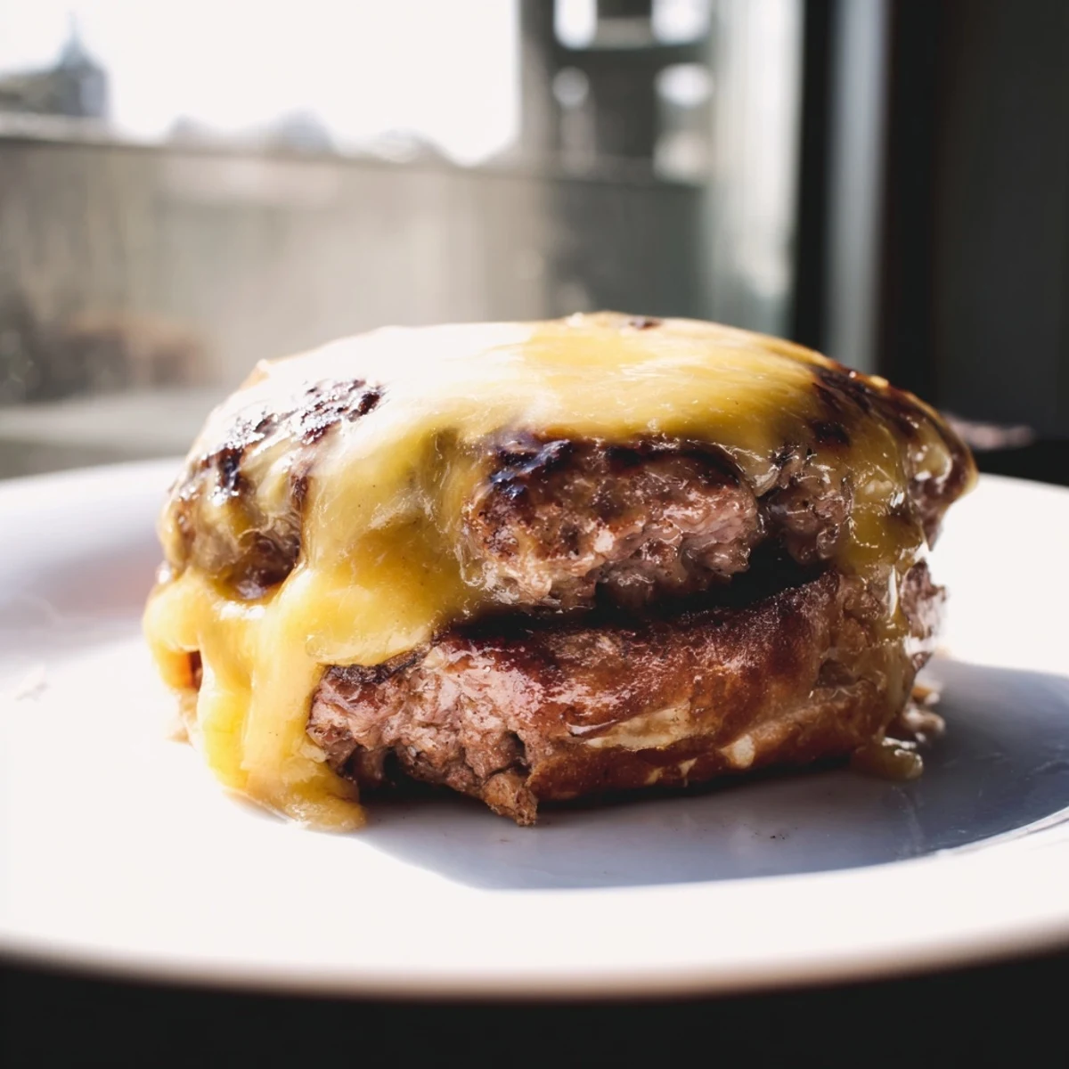 Golden brown air fryer hamburger patties with melted cheese and fresh lettuce on toasted bun